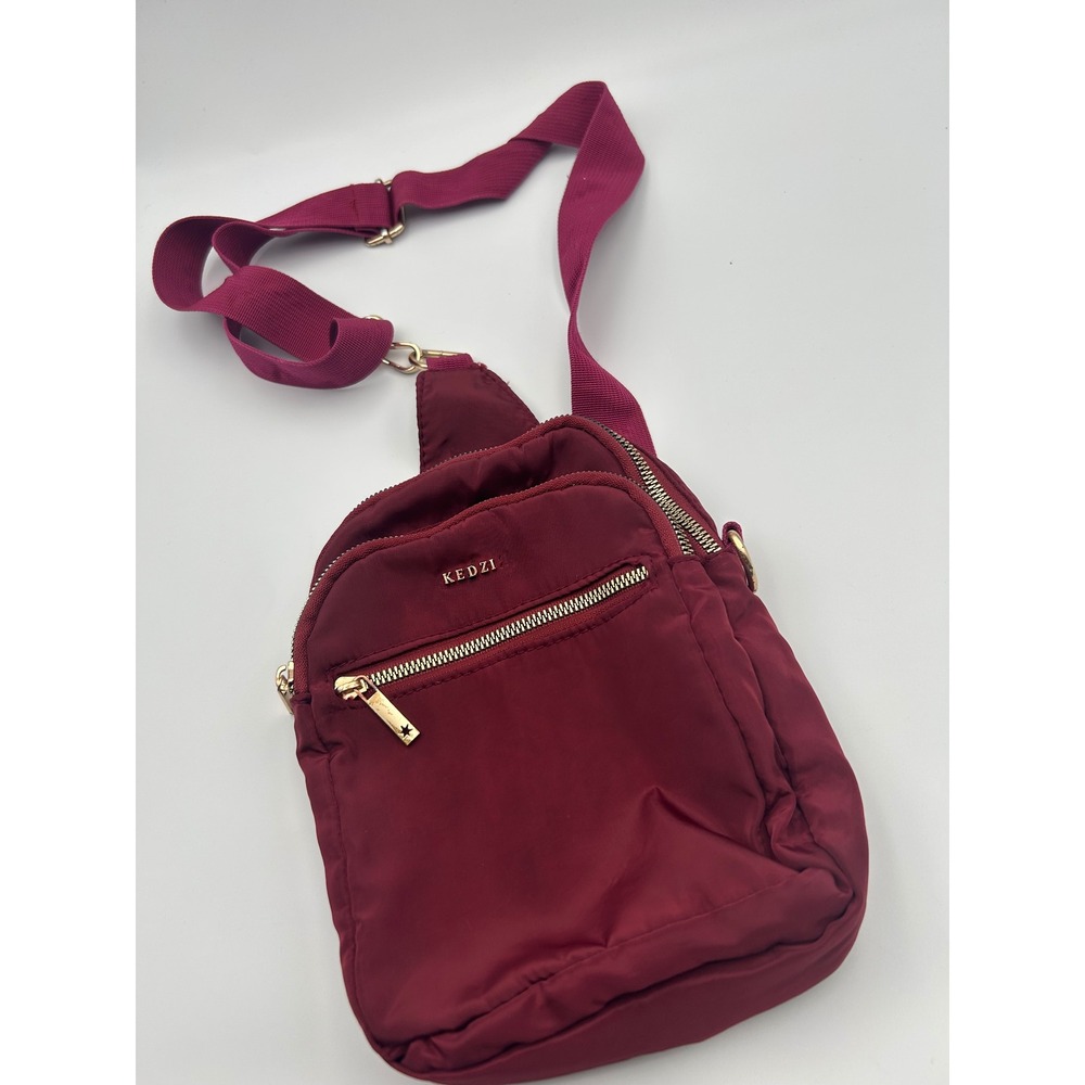 Kedzie Burgundy Nylon Crossbody Sling Bag Gold Hardware Leopard Print Lining